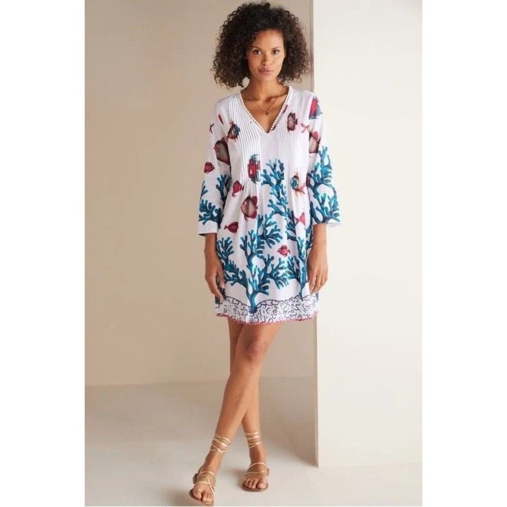 Soft Surroundings Seychelles Tunic Top White Bead Trim Fish Coral Women's Size S